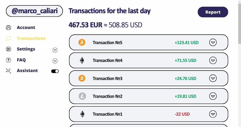 Screenshot delle transazioni sulla piattaforma per 2 giorni